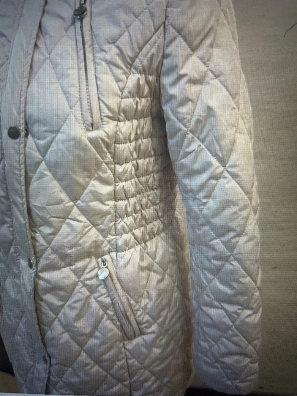 Girls Cream Quilted Hooded Puffer with Faux Fur Trim, Size 14-16